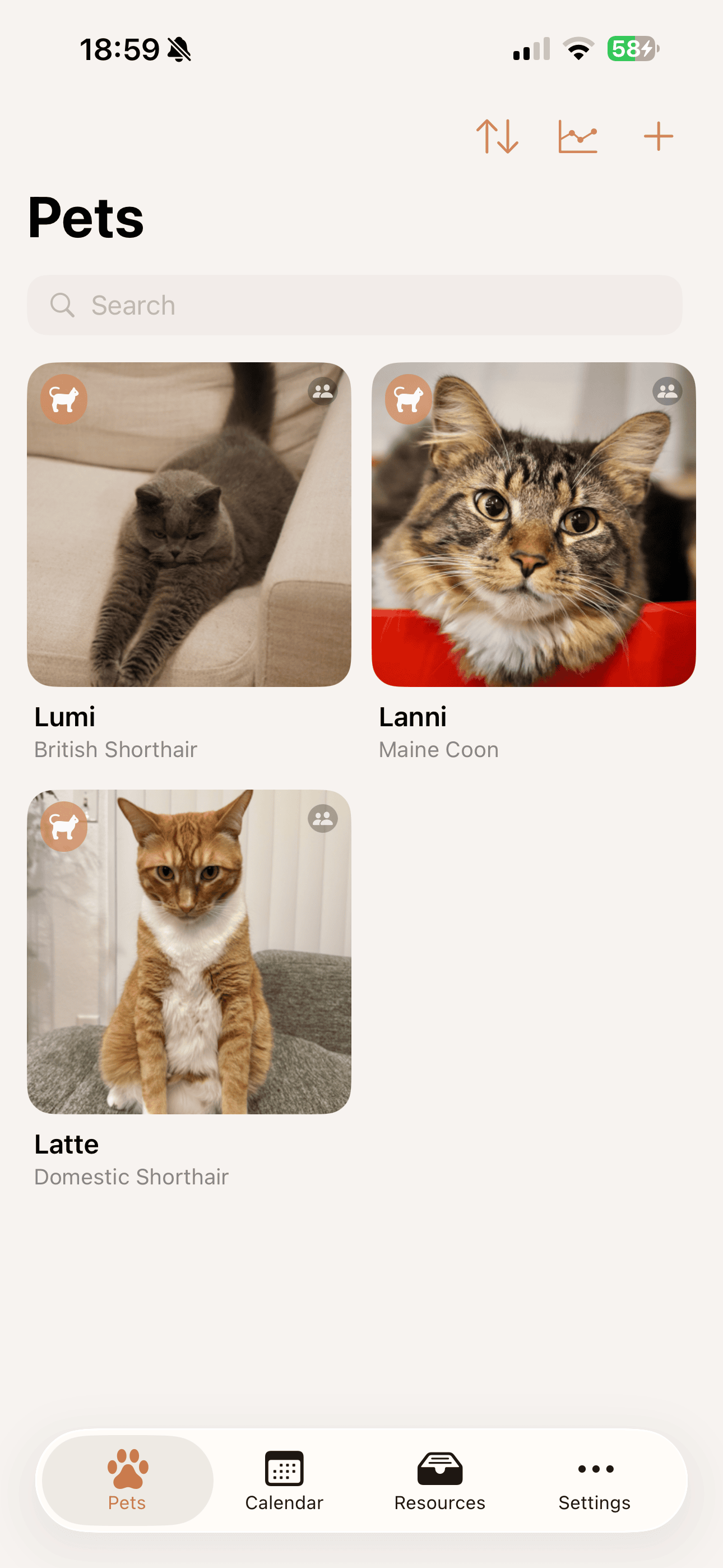 Pet list with cat profiles