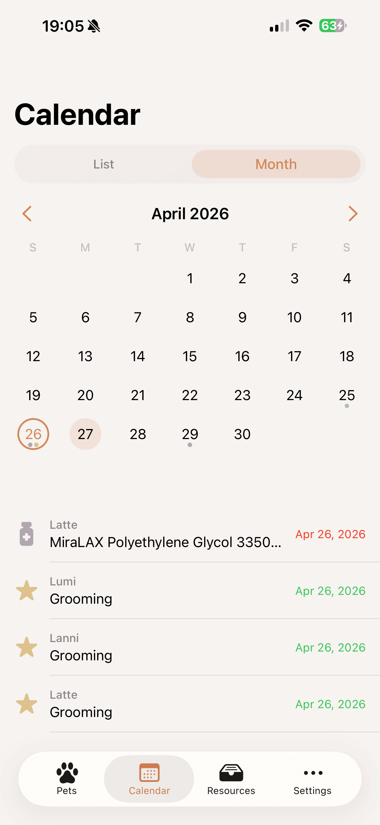 Calendar month view with upcoming events